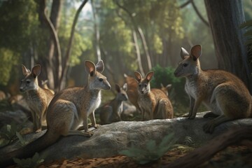 A detailed illustration of a group of marsupials, such as kangaroos or wallabies, in their natural environment, Generative AI