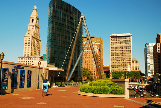 The Founders Bridge is a pedestrian crossing that gives view to the city skyline of Hartford, Connecticut