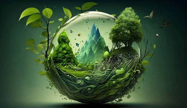 ai word with trees in a glassball with green landscape and natue
