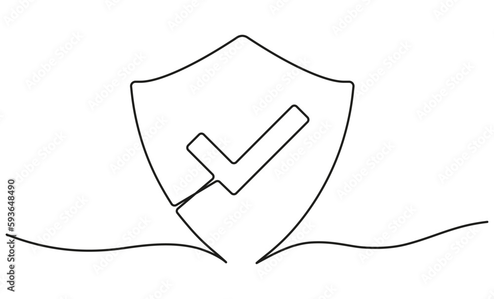 Poster shield with checkmark continuous line art drawn. protect linear symbol. guard hand drawing sign. vec