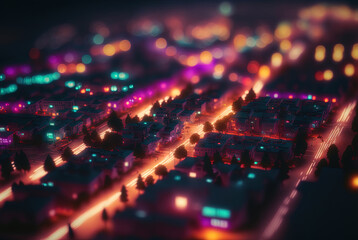 Obraz na płótnie Canvas Abstract neon city aerial view. Technology concept of night cityscape with blue lights in synthwave style. Generated AI.