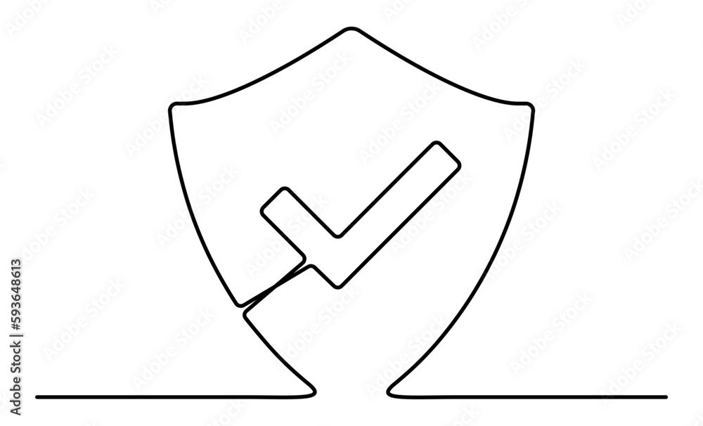 Poster shield with checkmark continuous line art drawn. protect linear symbol. guard hand drawing sign. vec
