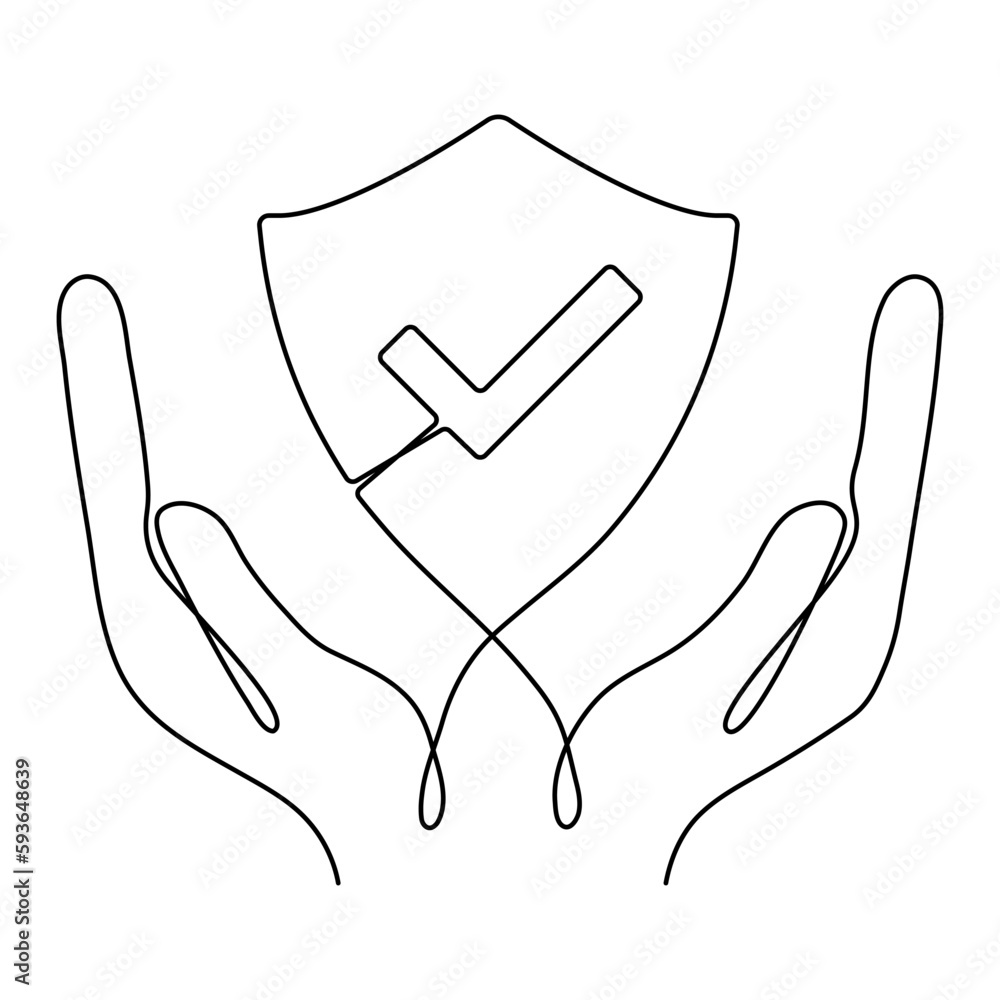 Aufkleber hands holding shield badge continuous line drawing. approval check guard sign. protect linear symbol