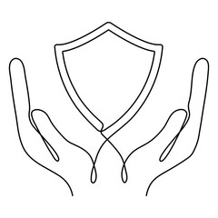 Hands holds shield badge continuous line drawing. Guard protect linear symbol. Vector illustration isolated on white.	