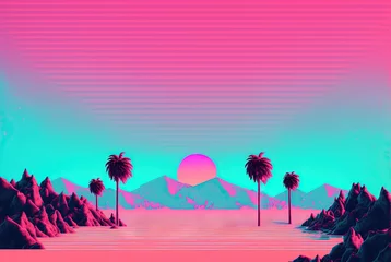 Fotobehang Calm and relaxing landscape with mountains in vaporwave style. Pink and blue view in 90s style. Generated AI. © swillklitch