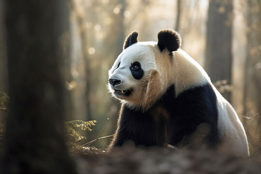 Giant panda bear in forest. Generative AI illustration