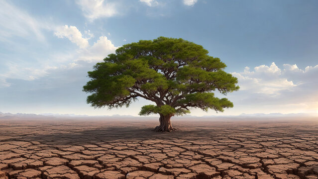 Big Tree Growth on Cracked Dry Soil Global Warming, Digital Art | AI Generated