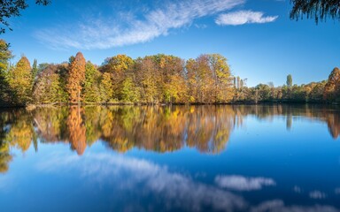 Fototapeta premium Beautiful view of yellow autumn foliage and the sky reflected in Lake Bensberg in Germany
