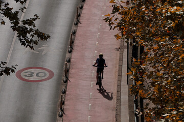 cyclist on the street, bicycle mode of transportation in Bilbao city, spain