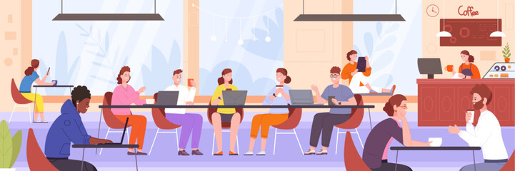 People in coffeehouse. Friends drinking coffee cafe shop, public work place for computer coworking, cafeteria lounge space barista restaurant counter, splendid vector illustration