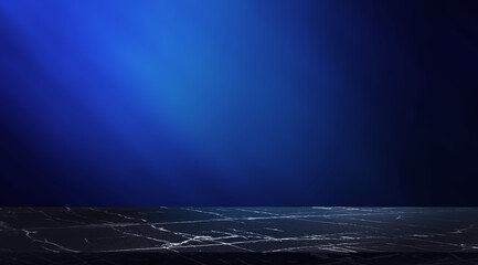 dark black polished marquina stone marble table at foreground on blurred blue light background. empty table luxury table for product displayed. elegant scene for business advertising.