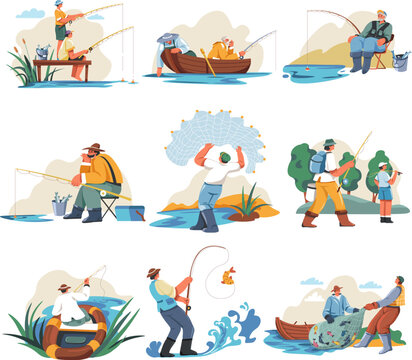 Fisherman character leisure. Fishermen on lake shore, cartoon fisher holding fishnet catch river fish, fishing rod boat angler hobby action recreation, recent vector illustration