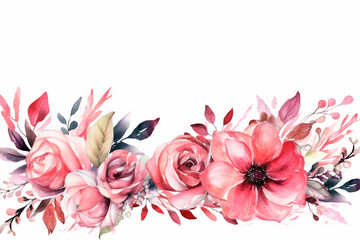 Watercolor illustration, drawing, mockup - beautiful red and pink wild flowers on a white background, copy space. Generative AI.