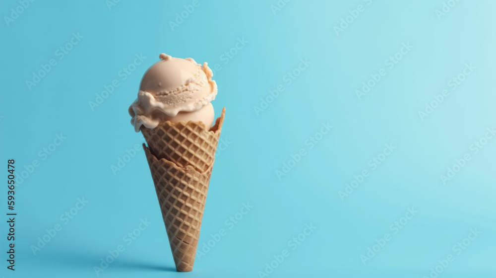 Poster vanilla ice cream in a waffle cone on a blue background generative ai