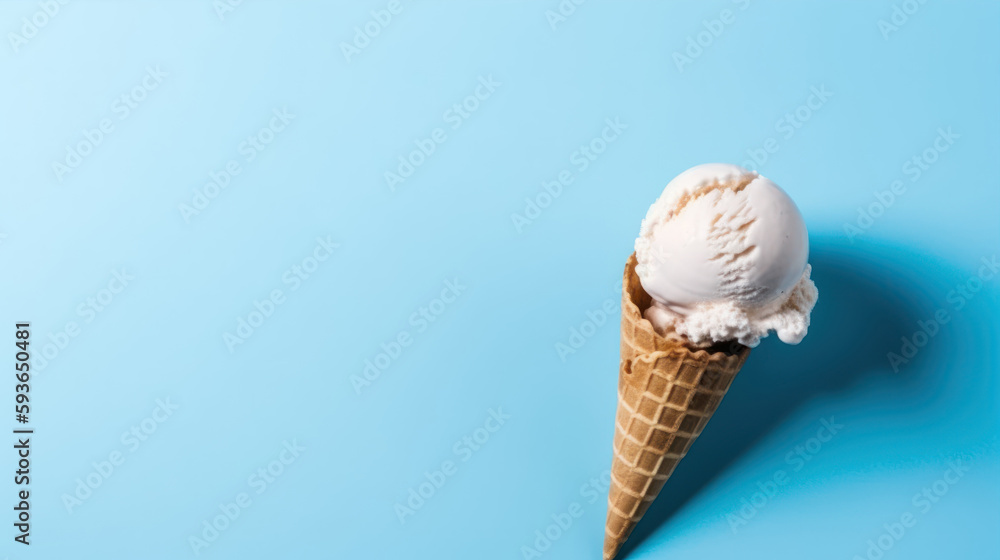 Poster vanilla ice cream in a waffle cone on a blue background generative ai