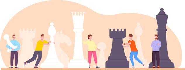 Tiny people play chess. Strategic advantage in business management, teamwork tactical game woman manager man leader move black or white chessman pawn, splendid vector illustration