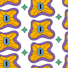 Trendy colorful retro seamless pattern with fantasy shapes with eyes and stars. Abstract groovy vector illustration repeatable background wallpaper