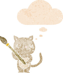 cute cartoon cat and thought bubble in retro textured style