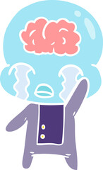 flat color style cartoon big brain alien crying