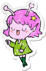 distressed sticker of a happy alien girl cartoon