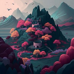 Mountain castle painting, Generative AI