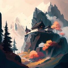 Mountain house painting, Generative AI