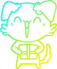 cold gradient line drawing happy little cartoon dog with present