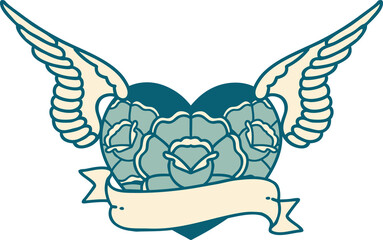 tattoo style icon of a flying heart with flowers and banner