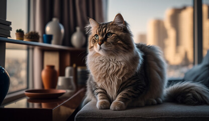 Cat sitting in city apartment