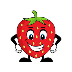 Smiling strawberry fruit character cartoon with arms on hips. Suitable for poster, banner, web, icon, mascot, background
