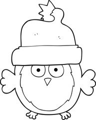 black and white cartoon owl wearing christmas hat