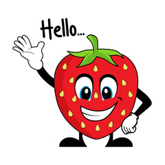Strawberry cartoon character saying hello. Suitable for poster, banner, web, icon, mascot, background