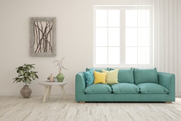 White living room with blue sofa. Scandinavian interior design. 3D illustration