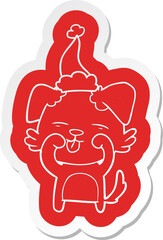 cartoon  sticker of a dog rubbing eyes wearing santa hat