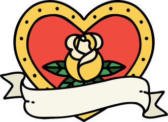 traditional tattoo of a heart rose and banner