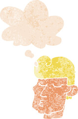 cartoon handsome man and thought bubble in retro textured style