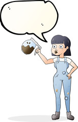 speech bubble cartoon woman in dungarees with coffee
