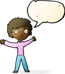 cartoon woman waving arms with speech bubble