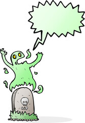 cartoon ghost rising from grave with speech bubble