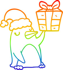 rainbow gradient line drawing cartoon penguin with christmas present