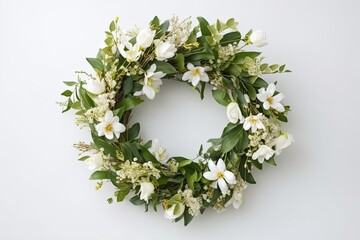 Eucalyptus and jasmine flower wreath,on white background. Generative Ai