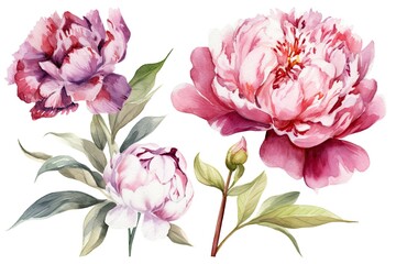 Watercolor pink magenta peony flowers bouquet. Generative Ai