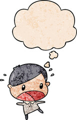 cartoon shocked man and thought bubble in grunge texture pattern style