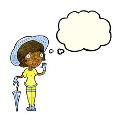 cartoon woman in summer hat waving with thought bubble