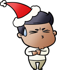 gradient cartoon of a frustrated man wearing santa hat