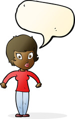 cartoon woman shrugging shoulders with speech bubble