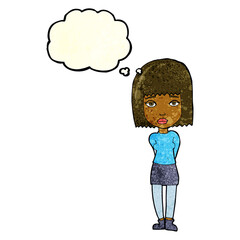 cartoon serious girl with thought bubble