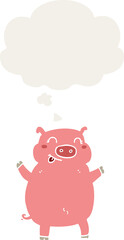 cartoon pig and thought bubble in retro style