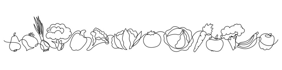 Vegetables doodle border frame. Continuous line drawing. Onion, broccoli, zucchini, lettuce, cauliflower, tomato, pepper, cabbage, carrot, potato, apple, fruits.