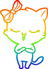 rainbow gradient line drawing cartoon cat with bow on head